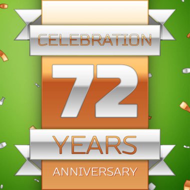 Gerçekçi yetmiş iki yıl yıldönümü kutlama tasarım. Gümüş ve altın şerit, yeşil zemin üzerine konfeti. Doğum günü partin için renkli vektör şablon öğeleri. Yıldönümü şerit