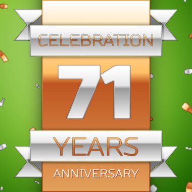 Gerçekçi yetmiş bir yıl yıldönümü kutlama tasarım. Gümüş ve altın şerit, yeşil zemin üzerine konfeti. Doğum günü partin için renkli vektör şablon öğeleri. Yıldönümü şerit
