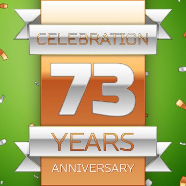 Gerçekçi yetmiş üç yıl yıldönümü kutlama tasarım. Gümüş ve altın şerit, yeşil zemin üzerine konfeti. Doğum günü partin için renkli vektör şablon öğeleri. Yıldönümü şerit