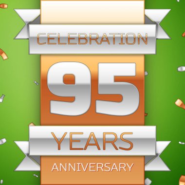 Gerçekçi doksan beş yıl yıldönümü kutlama tasarım. Gümüş ve altın şerit, yeşil zemin üzerine konfeti. Doğum günü partin için renkli vektör şablon öğeleri. Yıldönümü şerit