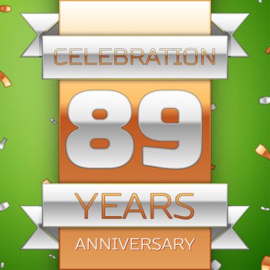 Gerçekçi seksen dokuz yıl yıldönümü kutlama tasarım. Gümüş ve altın şerit, yeşil zemin üzerine konfeti. Doğum günü partin için renkli vektör şablon öğeleri. Yıldönümü şerit