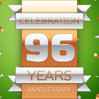 Gerçekçi doksan altı yıl yıldönümü kutlama tasarım. Gümüş ve altın şerit, yeşil zemin üzerine konfeti. Doğum günü partin için renkli vektör şablon öğeleri. Yıldönümü şerit