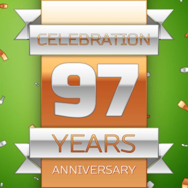Gerçekçi doksan yedi yıl yıldönümü kutlama tasarım. Gümüş ve altın şerit, yeşil zemin üzerine konfeti. Doğum günü partin için renkli vektör şablon öğeleri. Yıldönümü şerit