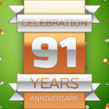 Gerçekçi doksan bir yıl yıldönümü kutlama tasarım. Gümüş ve altın şerit, yeşil zemin üzerine konfeti. Doğum günü partin için renkli vektör şablon öğeleri. Yıldönümü şerit