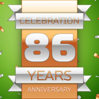 Gerçekçi seksen altı yıl yıldönümü kutlama tasarım. Gümüş ve altın şerit, yeşil zemin üzerine konfeti. Doğum günü partin için renkli vektör şablon öğeleri. Yıldönümü şerit