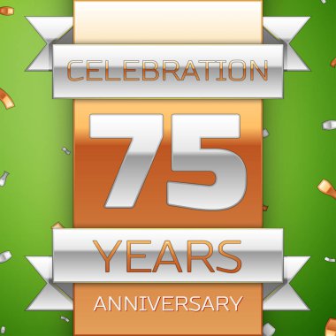 Gerçekçi yetmiş beş yıl yıldönümü kutlama tasarım. Gümüş ve altın şerit, yeşil zemin üzerine konfeti. Doğum günü partin için renkli vektör şablon öğeleri. Yıldönümü şerit