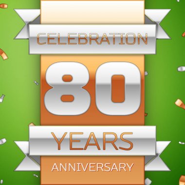 Gerçekçi seksen yıl yıldönümü kutlama tasarım. Gümüş ve altın şerit, yeşil zemin üzerine konfeti. Doğum günü partin için renkli vektör şablon öğeleri. Yıldönümü şerit