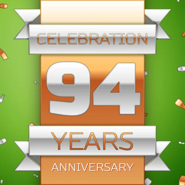 Realistické devadesát čtyři roky výročí oslav Design. Stříbrná a zlatá stuha, konfety na zeleném pozadí. Barevné vektorové prvky šablony pro vaši narozeninovou oslavu. Výročí stuha — Stockový vektor