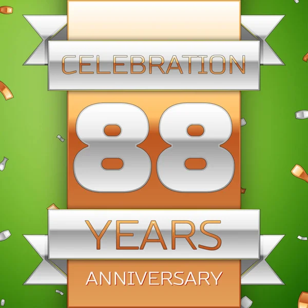 Gerçekçi seksen sekiz yıl yıldönümü kutlama tasarım. Gümüş ve altın şerit, yeşil zemin üzerine konfeti. Doğum günü partin için renkli vektör şablon öğeleri. Yıldönümü şerit