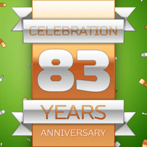 Gerçekçi seksen üç yıl yıldönümü kutlama tasarım. Gümüş ve altın şerit, yeşil zemin üzerine konfeti. Doğum günü partin için renkli vektör şablon öğeleri. Yıldönümü şerit