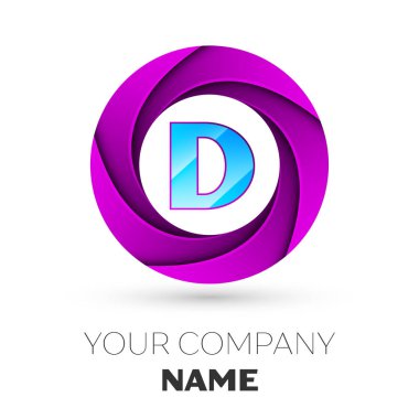 Gerçekçi mektup D vektör logosu simgesi beyaz arka plan üzerinde renkli daire içinde. Tasarımınız için vektör şablonu