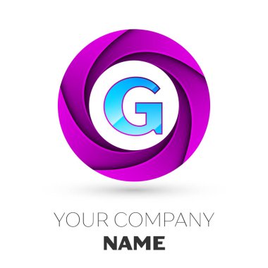 Gerçekçi mektup G vektör logosu simgesi beyaz arka plan üzerinde renkli daire içinde. Tasarımınız için vektör şablonu