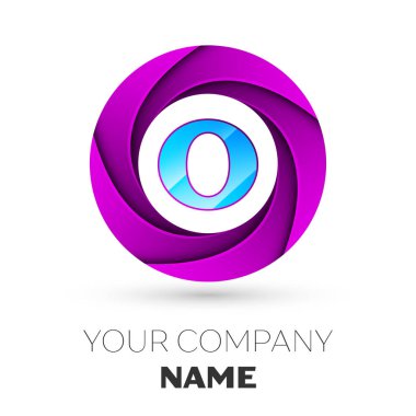 Gerçekçi harf O vektör logosu simgesi beyaz arka plan üzerinde renkli daire içinde. Tasarımınız için vektör şablonu