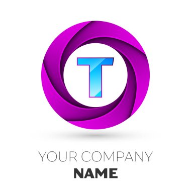 Gerçekçi mektup T vektör logosu simgesi beyaz arka plan üzerinde renkli daire içinde. Tasarımınız için vektör şablonu