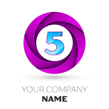 Gerçekçi beş numaralı vektör logosu simgesi beyaz arka plan üzerinde renkli daire içinde. Tasarımınız için vektör şablonu