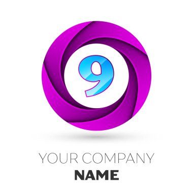 Gerçekçi dokuz numaralı vektör logosu simgesi beyaz arka plan üzerinde renkli daire içinde. Tasarımınız için vektör şablonu