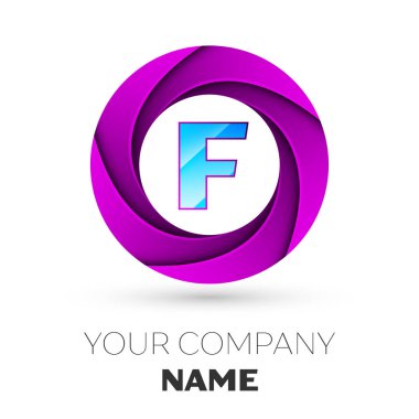 Gerçekçi harfi F vektör logosu simgesi beyaz arka plan üzerinde renkli daire içinde. Tasarımınız için vektör şablonu