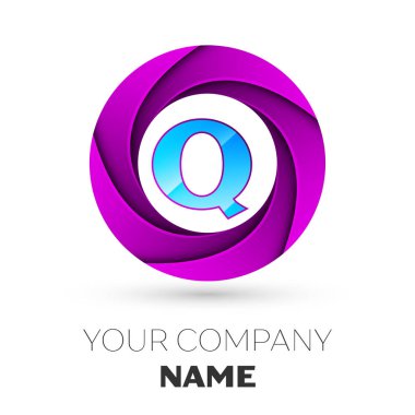 Gerçekçi harf Q vektör logosu simgesi beyaz arka plan üzerinde renkli daire içinde. Tasarımınız için vektör şablonu