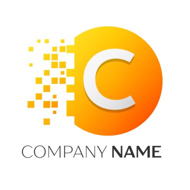 Gerçekçi harf C vektör logo sembol ile beyaz arka plan üzerinde paramparça blok renkli daire içinde. Piksel hareket. Tasarımınız için vektör şablonu