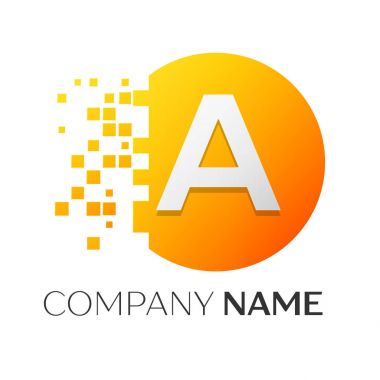 Gerçekçi mektup paramparça bloklar beyaz arka plan üzerinde renkli daireyle bir vektör logo simge. Piksel hareket. Tasarımınız için vektör şablonu