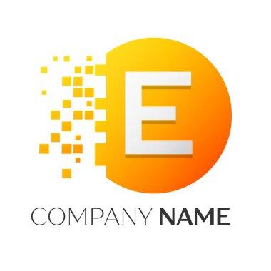 Gerçekçi harf E vektör logo sembol ile beyaz arka plan üzerinde paramparça blok renkli daire içinde. Piksel hareket. Tasarımınız için vektör şablonu