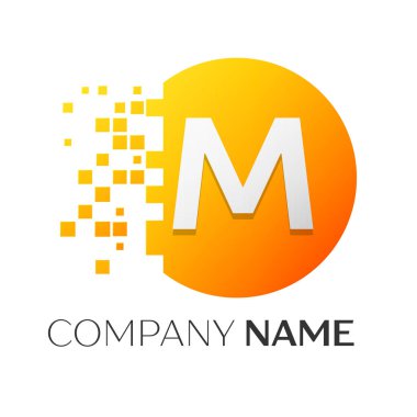 Gerçekçi harf M vektör logo sembol ile beyaz arka plan üzerinde paramparça blok renkli daire içinde. Piksel hareket. Tasarımınız için vektör şablonu
