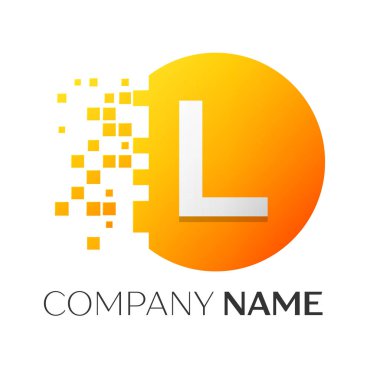 Gerçekçi harf L vektör logo sembol ile beyaz arka plan üzerinde paramparça blok renkli daire içinde. Piksel hareket. Tasarımınız için vektör şablonu