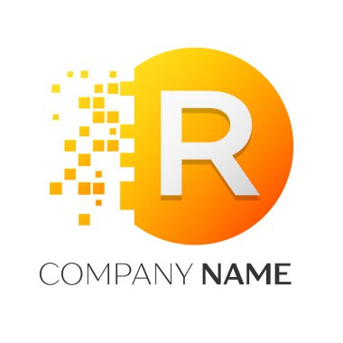Gerçekçi harf R vektör logo sembol ile beyaz arka plan üzerinde paramparça blok renkli daire içinde. Piksel hareket. Tasarımınız için vektör şablonu
