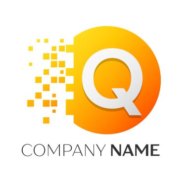Gerçekçi harf Q vektör logo sembol ile beyaz arka plan üzerinde paramparça blok renkli daire içinde. Piksel hareket. Tasarımınız için vektör şablonu