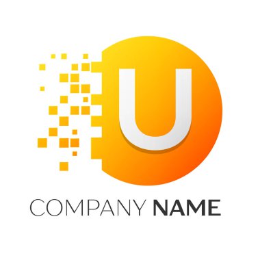 Gerçekçi harf U vektör logo sembol ile beyaz arka plan üzerinde paramparça blok renkli daire içinde. Piksel hareket. Tasarımınız için vektör şablonu