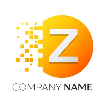 Gerçekçi harf Z vektör logo sembol ile beyaz arka plan üzerinde paramparça blok renkli daire içinde. Piksel hareket. Tasarımınız için vektör şablonu