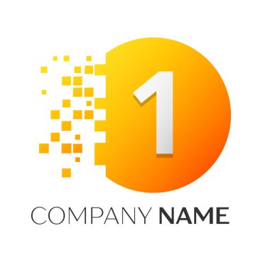 Gerçekçi bir numaralı vektör logo sembol ile beyaz arka plan üzerinde paramparça blok renkli daire içinde. Piksel hareket. Tasarımınız için vektör şablonu