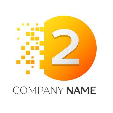 Gerçekçi iki numaralı vektör logo sembol ile beyaz arka plan üzerinde paramparça blok renkli daire içinde. Piksel hareket. Tasarımınız için vektör şablonu