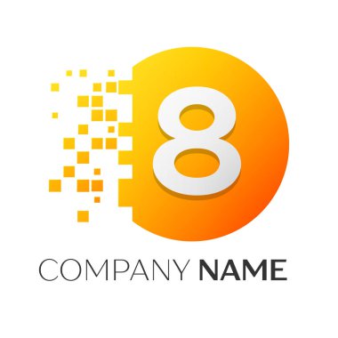 Gerçekçi sayısı sekiz vektör logo sembol ile beyaz arka plan üzerinde paramparça blok renkli daire içinde. Piksel hareket. Tasarımınız için vektör şablonu