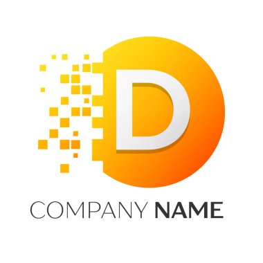 Gerçekçi harf D vektör logo sembol ile beyaz arka plan üzerinde paramparça blok renkli daire içinde. Piksel hareket. Tasarımınız için vektör şablonu