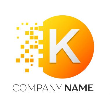 Gerçekçi harf K vektör logo sembol ile beyaz arka plan üzerinde paramparça blok renkli daire içinde. Piksel hareket. Tasarımınız için vektör şablonu
