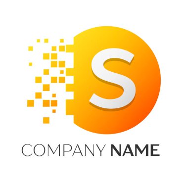 Gerçekçi Harf S vektör logo sembol ile beyaz arka plan üzerinde paramparça blok renkli daire içinde. Piksel hareket. Tasarımınız için vektör şablonu