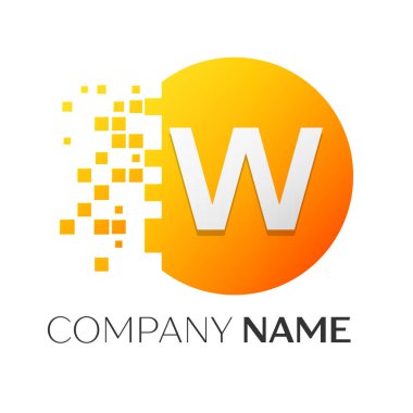 Gerçekçi harf W vektör logo sembol ile beyaz arka plan üzerinde paramparça blok renkli daire içinde. Piksel hareket. Tasarımınız için vektör şablonu