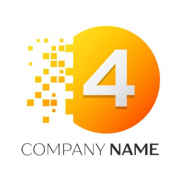 Gerçekçi dördüncü vektör logo sembol ile beyaz arka plan üzerinde paramparça blok renkli daire içinde. Piksel hareket. Tasarımınız için vektör şablonu