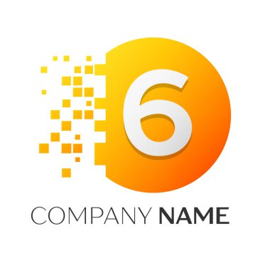 Gerçekçi altıncı vektör logo sembol ile beyaz arka plan üzerinde paramparça blok renkli daire içinde. Piksel hareket. Tasarımınız için vektör şablonu