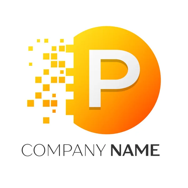 Ρεαλιστική γράμμα P διανυσματικά λογότυπο σύμβολο στον πολύχρωμο κύκλο με γκρεμίστηκε μπλοκ σε άσπρο φόντο. Κίνηση pixel. Διάνυσμα πρότυπο για το σχεδιασμό σας — Διανυσματικό Αρχείο