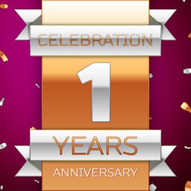 Gerçekçi bir yıl yıldönümü kutlama tasarım. Gümüş ve altın şerit, mor zemin üzerine konfeti. Doğum günü partin için renkli vektör şablon öğeleri. Yıldönümü şerit