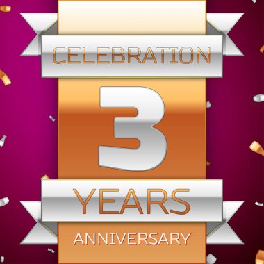 Gerçekçi üç yıl yıldönümü kutlama tasarım. Gümüş ve altın şerit, mor zemin üzerine konfeti. Doğum günü partin için renkli vektör şablon öğeleri. Yıldönümü şerit