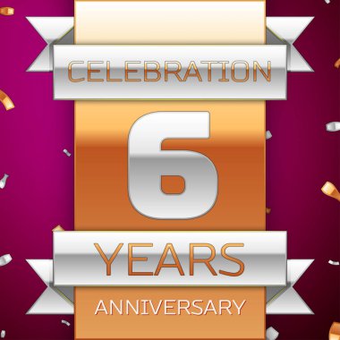Gerçekçi altı yıl yıldönümü kutlama tasarım. Gümüş ve altın şerit, mor zemin üzerine konfeti. Doğum günü partin için renkli vektör şablon öğeleri. Yıldönümü şerit