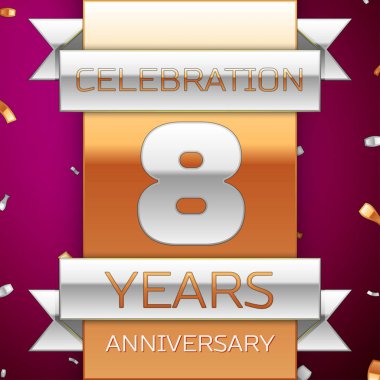 Gerçekçi sekiz yıl yıldönümü kutlama tasarım. Gümüş ve altın şerit, mor zemin üzerine konfeti. Doğum günü partin için renkli vektör şablon öğeleri. Yıldönümü şerit