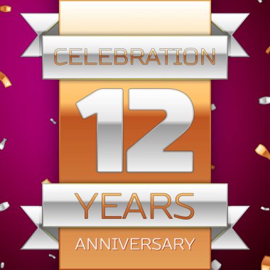 Gerçekçi on iki yıl yıldönümü kutlama tasarım. Gümüş ve altın şerit, mor zemin üzerine konfeti. Doğum günü partin için renkli vektör şablon öğeleri. Yıldönümü şerit