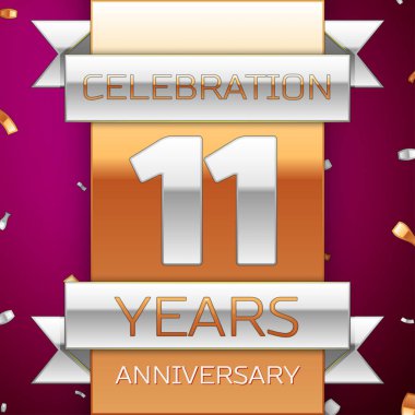 Gerçekçi on bir yıl yıldönümü kutlama tasarım. Gümüş ve altın şerit, mor zemin üzerine konfeti. Doğum günü partin için renkli vektör şablon öğeleri. Yıldönümü şerit