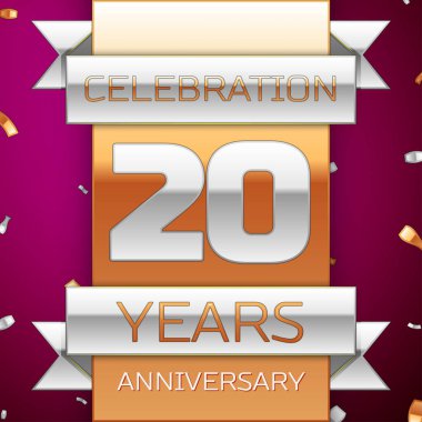 Gerçekçi yirmi yıl yıldönümü kutlama tasarım. Gümüş ve altın şerit, mor zemin üzerine konfeti. Doğum günü partin için renkli vektör şablon öğeleri. Yıldönümü şerit