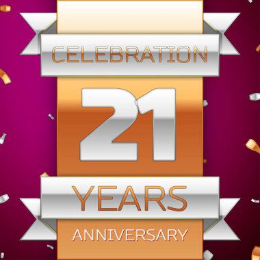 Gerçekçi yirmi bir yıl yıldönümü kutlama tasarım. Gümüş ve altın şerit, mor zemin üzerine konfeti. Doğum günü partin için renkli vektör şablon öğeleri. Yıldönümü şerit