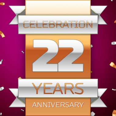 Gerçekçi yirmi iki yıl yıldönümü kutlama tasarım. Gümüş ve altın şerit, mor zemin üzerine konfeti. Doğum günü partin için renkli vektör şablon öğeleri. Yıldönümü şerit